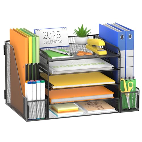 SUPEASY Desk Organizer, 5-Tier Mesh Desktop File Organizer with Bookends, File Holder, 2 Pen Cups and Paper Letter Trays, Large-Capacity Metal Organizer for Home, Office or School