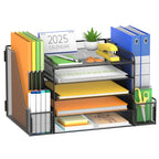 SUPEASY Desk Organizer, 5-Tier Mesh Desktop File Organizer with Bookends, File Holder, 2 Pen Cups and Paper Letter Trays, Large-Capacity Metal Organizer for Home, Office or School