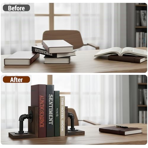 MyGift Book Ends Decorative, Bookends for Shelves, Metal Bookends for Heavy Books, Office Decor for Men, Wood Book Stopper, Realistic Industrial Pipe Design, Dark Brown - color: Dark Brown