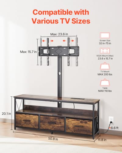 VEVOR 52" TV Stand with Mount for up to 75 in TVs, Entertainment Center with Power Outlet & LED Lights, Height Adjustable TV Console with Mount with 3 Drawers for Bedroom, Living Room, Brown - color: Brown, size: for 75" TVs