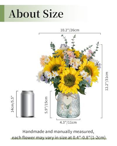 BLOSMON Sunflower Fake Flowers in Vase: Sunflowers Artificial Flowers with Vase for Table Centerpieces Decor - Silk Flower Bouquet Faux Arrangements Kitchen Bathroom Wedding Party Decoration