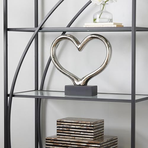 Deco 79 Ceramic Heart Decorative Sculpture Home Decor Statue with Black Base, Accent Figurine 13" x 3" x 12", Silver
