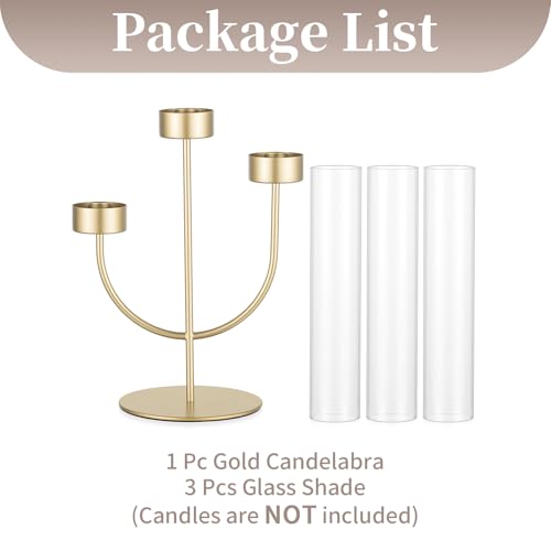 Sziqiqi Candelabra Gold Candlestick Holders: 3 Arm Candelabra Centerpiece with Glass Hurricane for Dining Table Fireplace - Modern Candle Holders for Wedding Christmas - color: Gold