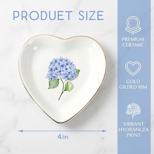 AnyDesign Hydrangea Flower Ring Dish Heart Shaped Ceramic Jewelry Tray Watercolor Blue Floral Trinket Dish for Spring Women Birthday Wedding Engagement Bridal Shower Party Supplies