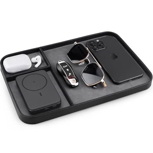 SENEN Leather Tray, Stylish and Organized Multifunctional Tray, for Table Entryway, Premium PU Leather, Catchall Tray for Keys, Watch, Wallet, Jewelry, and More (Black Frame) - color: Black Frame