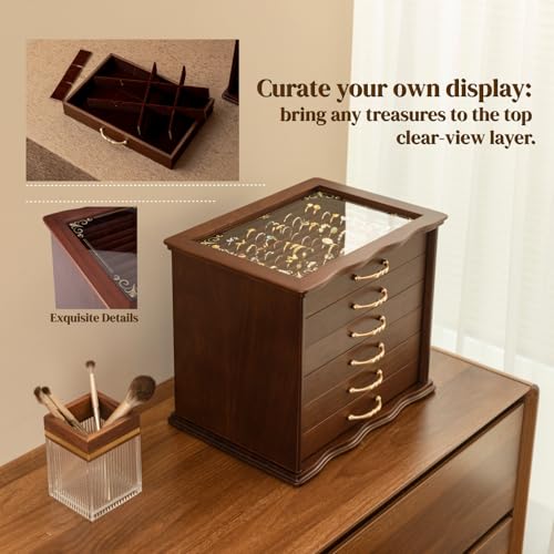 KINTNESS Black Walnut Wooden Jewelry Box - 6 Drawers Solid Wood Large Jewelry Organizer with Secret Compartment for Women Girls, Jewelry for Bracelet, Necklace, Ring, Earring - style: 6-Drawer Design