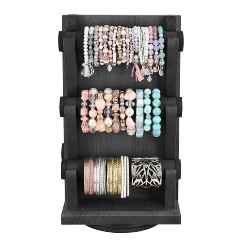 Ikee Design Two-Sided Rotating Wooden Jewelry Bracelet Display Stand Holder 6 Removable Holders, 3 Tier Bar Bangle Organizer-Perfect for Bracelets and Jewelry Display for Vendors, Black Color - color: 3) Black, 6 Bars