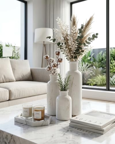 White Ceramic 3 Piece Vase Set, Vintage Farmhouse Decorative Home Decor Vases for Living Room & Kitchen, Distressed Crackle Glaze Flower Vases for Table Bookshelf Mantel & Office - color: White01