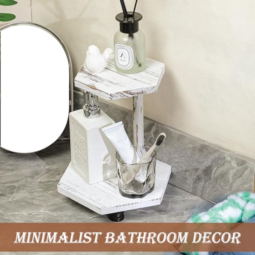 Tikea Hexagonal Wood Riser for Display, 2-Tier Wood Farmhouse Riser for Kitchen Bathroom Counter Decor, Decorative Tray for Soap Dispenser, Decorations and Plant (White)