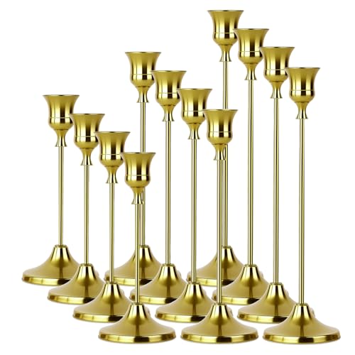 4 Sets(12 Pcs) Brass Tapered Candle Holder,Candlestick Tall Metal Candlestick Holders for Table Centerpiece Home Decor for Wedding Fireplace Mantel Housewarming Gift Fits 3/4 Inch Thick Candles - color: Brass