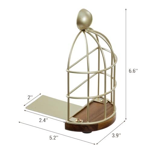 MyGift Vintage Brass Bookends, Decorative Gold Book Ends for Office Desk Home Shelf Decor, Metal Birdcage with Premium Acacia Solid Wood Base