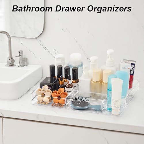 SMARTAKE 25-Piece Drawer Organizer with Non-Slip Silicone Pads, 4-Size Desk Drawer Organizer Trays Storage Tray for Makeup, Jewelries, Utensils in Bedroom Dresser, Office and Kitchen (Clear) - style: 25 PCS