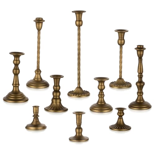 Candeldo Gold Candlestick Candle Holders: Tall Taper Candles Stick Holder Wedding Decor Set of 10 Dinning Table Centerpiece Vintage Metal Candle Stand - color: Vintage Gold