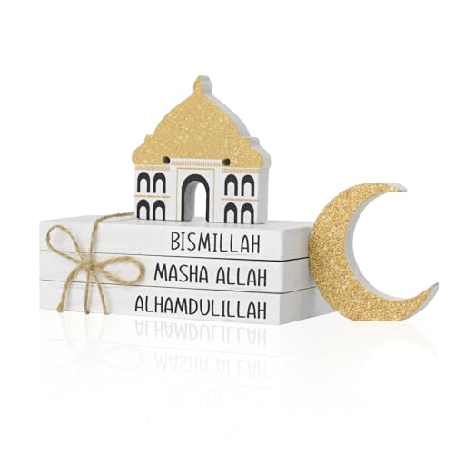 Smile Ramadan Wooden Decorations Eid Mubarak, Mini Faux Books Bundle, Ramadan Islamic Tiered Tray Muslim Party Tabletop Home Decor - style: Ramadam White