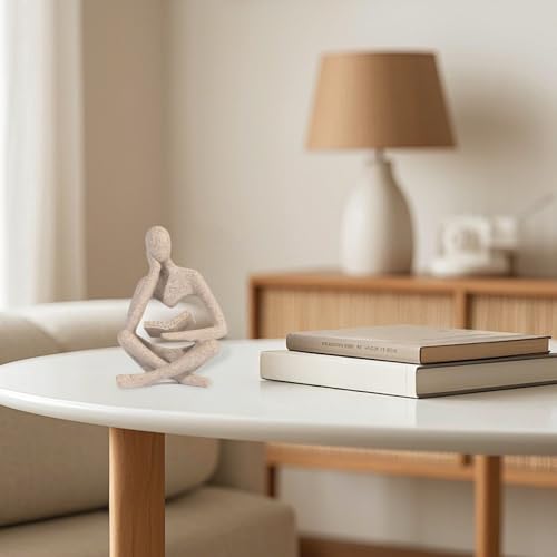 Small Bookshelf Decor Coffee Table Sculpture Abstract Thinker Statue Reading Figurine Modern Neutral Home Decoration for Office Desk Shelf ,Gifts for Readers Book Lovers Women (Sandstone ,Beige)