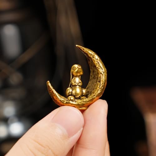 CHOVY Retro Handcrafted Moon Rabbit Sculpture - 100% Solid Brass Adorable Rabbit Sitting on Crescent Moon | Vintage Style Collectible Art Piece for Home & Office | Unique Gift for Lunar Lovers - style: Moon Rabbit