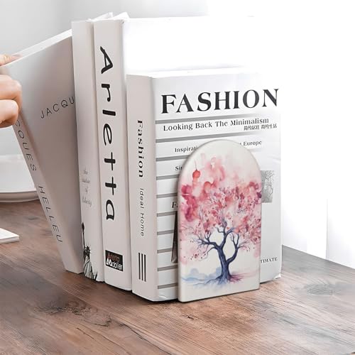 Wood Book Ends Non-Skid Bookends Cherry Blossom Tree Book Ends for Shelves Modern Book Holder Decorative Bookends for Office Home 1 Pair - color: Cherry Blossom