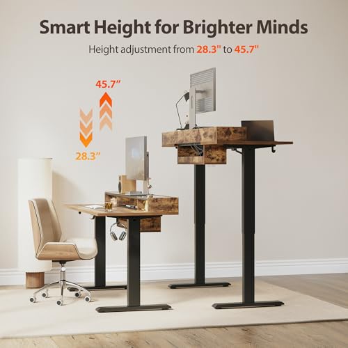 Agilestic Glass Standing Desk with Storage, 48 Inch Electric Adjustable Desk with Glass Shelf and Cable Management, Sit Stand Up Home Office Computer Table, Splice Board, Rustic Brown - color: Glass-rustic Brown, size: 48 x 24 Inches with 2 drawers