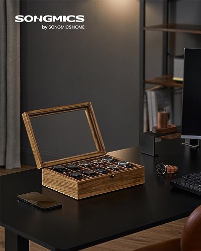 SONGMICS 10-Slot Watch Box, Watch Display Case with Large Glass Lid, Removable Watch Pillows, Velvet Lining, Gift Idea, Rustic Walnut UJOW100K01 - color: Rustic Walnut, size: 1 Layer 10 Slot
