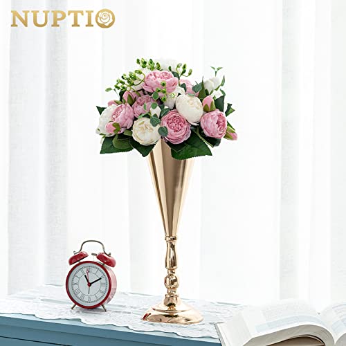 NUPTIO Tabletop Metal Wedding Flower Trumpet Vase Table Decorative Centerpiece Artificial Flower Arrangements for Anniversary Ceremony Party Birthday Event Aisle Home Decoration (10 x M, Gold) - color: Gold, size: 14 inch x 10 Pcs