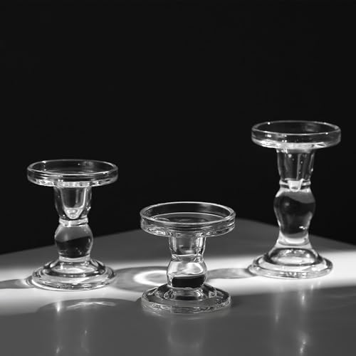 Glass Candle Holders, 3 Pieces Crystal Clear Candlesticks with Elegant Design for Pillar Taper Candle and Tea Light