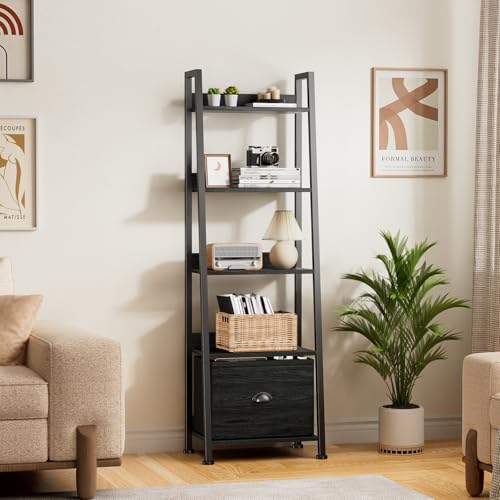 Furologee Ladder Shelf, Ladder Bookshelf with Drawer, Industrial 5 Tier Book Shelf, Display Open Bookcase Storage Shelves for Books, CDs, Photos, Black Shelving Unit for Home Office, Living Room - color: Black N, size: 5-Tier, 15" W