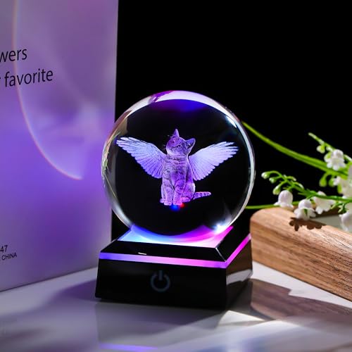 Qianwei Cat Memorial Angel Statue - 3D Crystal Engraved Office Decor - Remembrance Bereavement Sympathy Gift in Memory of Deceased Pets - style: cat memorial