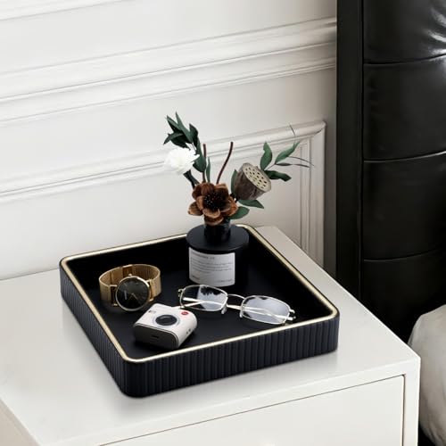 GORESE Leather Valet Tray Nightstand Organizer, Square EDC Trays for Colognes Wallet Sunglasses, Key Dish Catch All Bowl Desk Tray, Gift for Men & Women, Black(9.3'' × 9.3'') - color: Black