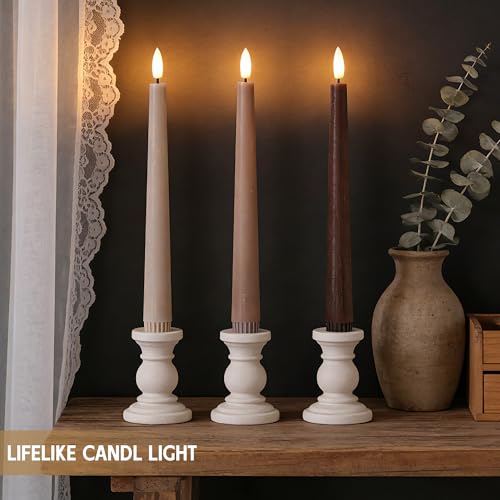 Brown Flameless Taper Candles with Remote, 9.6 Inches Real Wax Battery Operated Candles, 3 Pack Flickering LED Candlesticks, Tall Taper Fake Candles for Home, Wedding, Party - color: Gradient Brown