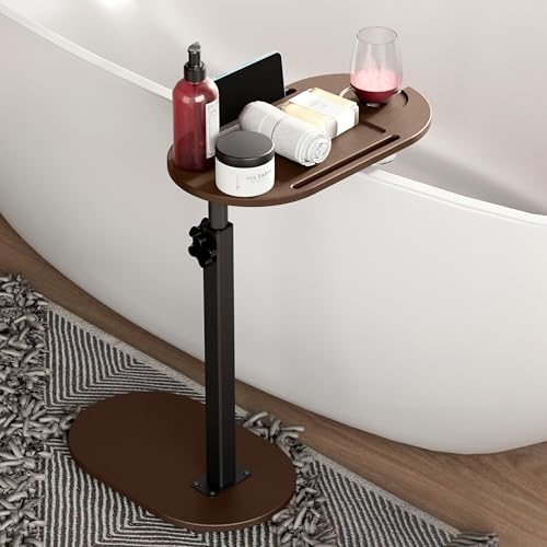 Yumkfoi Bamboo Bathtub Tray Table with Adjustable Height, Freestanding Bath Caddy Side Table for Tub Against Wall, Tub Shelf with Wine Glass Phone Holder, Functional Tray - Patent Protected (Brown) - color: Brown