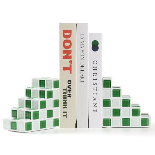 Decorative Bookends for Shelves - Stair Book Ends for Heavy Books - Unique Book Stopper & Holder for Shelves - Modern Home Decor Aesthetic Bookshelf Decor (Green & White) - color: Green & White