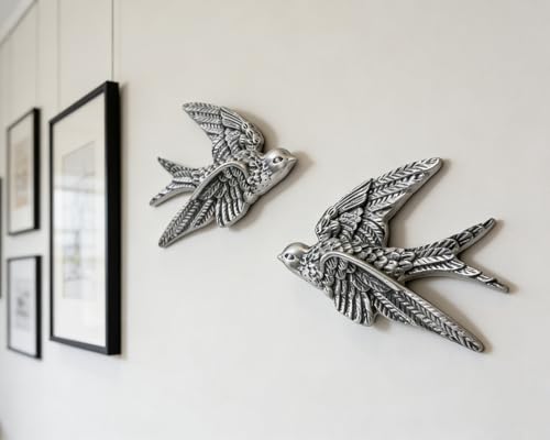 AMOIENSIS Bird Wall Sculpture Art, (Set of 2) 4¾ inch Resin Metallic Silver Bird 3D Sculpted Floating Hanging Wall Sculpture Decoration - color: Metallic Silver