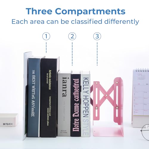 M&G Adjustable Bookends Book Ends for Shelves, Metal Bookend for Heavy Books, Desk Magazine File Organizer Holder Extends up to 20in, Book Stopper for Home, Office, Classroom (Pink) - color: Pink