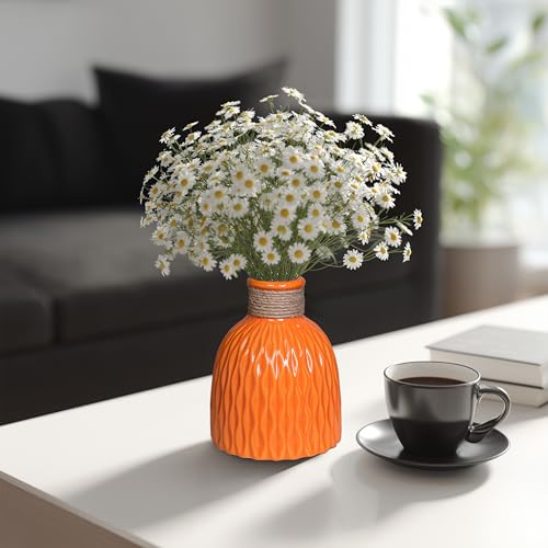 Orange Ceramic Vase 6 Inch - Small Ceramic Flower Vase for Home Decor,Round Textured Vases for Fall Decorative, Shelf, Bookshel, Office, Fireplace Mantle - color: Orange