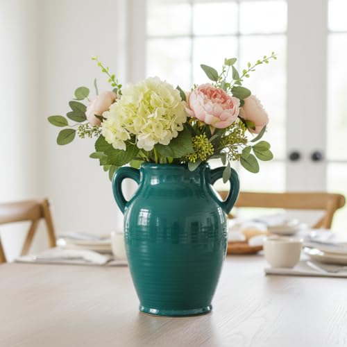 Sunddo Modern Ceramic Vase for Decor - 8 Inch Green Decorative Vase with 2 Handles, Pampas Grass Vases for Centerpieces, Living Room,Table Dining, Mantle, Console, Kitchen Decor - color: Dark Green - 8, size: 8 Inch