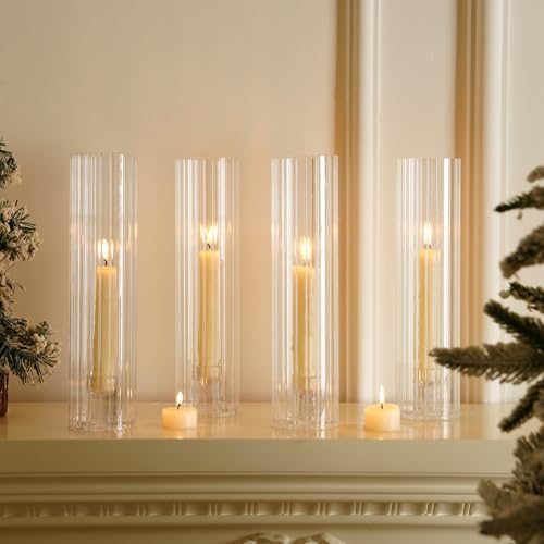 Hurricane Candle Holder Thickened Ribbed Cylinder Covers Taper Candle Sticks Holder Glass Tall Candlesticks Holders Centerpiece for Wedding Dining Table, 4 Pcs - color: Clear Ribbed