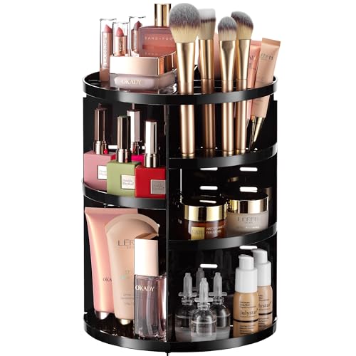 360 Rotating Makeup Organizer - Adjustable Shelf Height and Fully Rotatable. The Perfect Cosmetic Organizer for Bedroom Dresser or Vanity Countertop. (Black) - color: Black