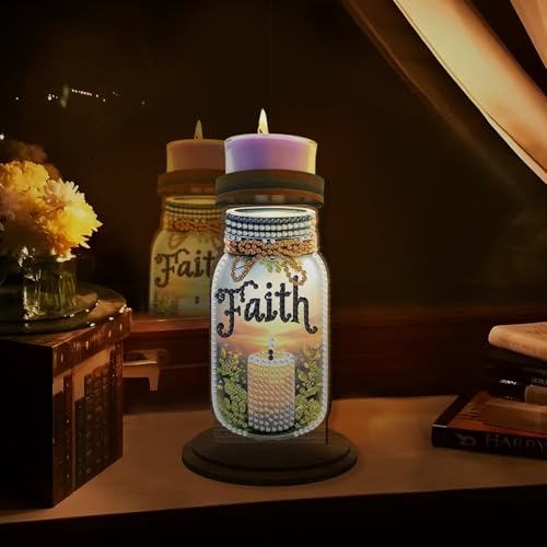 ARTopet DIY Diamond Art Painting Candlestick Holders Wooden Desk Candle Holder Ornament Double Sided Diamond Tabletop Ornaments for Home Decor-Faith - color: Faith