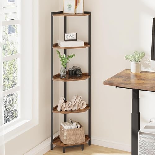 Hzuaneri Corner Shelf Stand, Corner Bookshelf, Storage Standing Shelf Unit with Metal Frame, Plant Stand, Bookcase for Living Room, Home Office, Bedroom, 5-Tier Rustic Brown CS05901B - color: Rustic Brown, size: 5 Tier