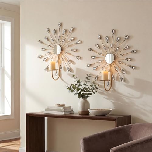 Crystal Rhinestone Wall Candle Sconces Set of 2 Bling Diamond Metal Sunburst Candle Holders Iron Decorative Wall Mounted Holders for Living Room Bedroom Bathroom Gold - color: Gold