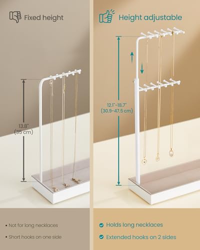 SONGMICS Jewelry Holder, Jewelry Storage Organizer Stand with Metal Frame, Velvet Tray, 12.1 to 18.7 Inches Tall Height Adjustable Necklace Holder, for Rings, Earrings, Matte White UJJS026W01 - color: Matte White
