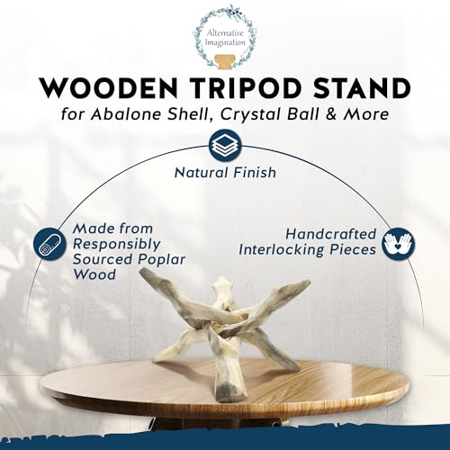 Alternative Imagination Wooden Tripod Display Stand - 6-Inch Hand Carved Holder Made from Mango Wood -Folding Natural Stand for Abalone Shell, Crystal Ball, Key Bowl,Trinket Dish, Incense,Decor & More - size: 6 Inches