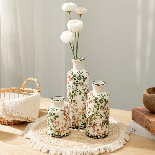 Vintage Ceramic Flower Vase Set of 3, Rustic Farmhouse Vase for Home Decor, Distressed Decorative Vase for Table Entryway Mantel Centerpiece Living Room Bathroom Bedroom (Beige-Green Crackle) - color: 108-beige-green Crackle