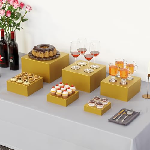 Metal Buffet Risers,6PCS Food Risers for Buffet Table 5in to 10in Display Stand for Catering Dessert Gold(Mustard Yellow) Cube Boxes Nesting Risers with Hollow Bottoms - color: Gold-6P