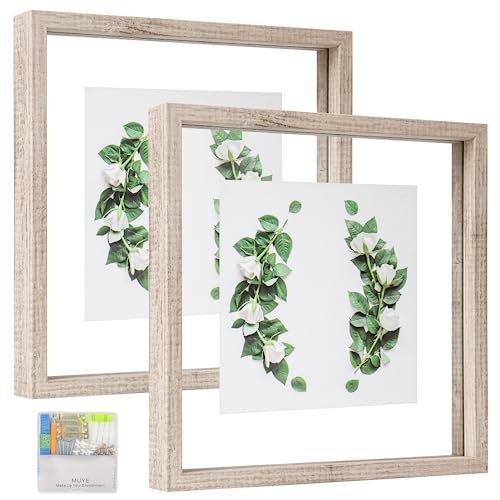 MUYE 10x10 Floating Frame Distressed Beige White Wood Pattern,Double Glass Square Picture Frame Display Any Size Photo up to 10x10,Wall Mount or Tabletop,2 Pack - color: Beige, size: 10x10