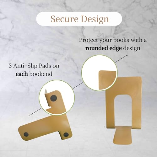 Alessk Dark Matte Gold Metal Bookends for Shelves – Heavy Duty Decorative Bookends for Heavy Books – Modern Book Ends for Office Bookshelf- has 3 Non-Slip Pads at the Bottom – 4 Pairs (8 Pieces) - color: Gold 4 Pairs