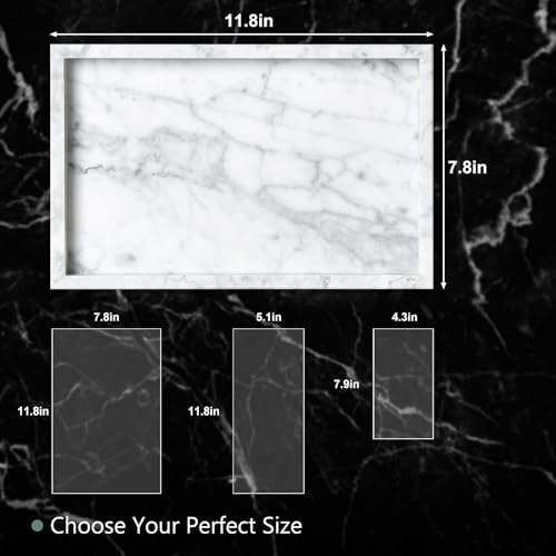 Large Marble Vanity Tray, Luxury Stone Organizer for Bathroom & Kitchen Counter | Holds Soap Dispenser, Jewelry, Perfume Bottles | Non-Resin, Non-Ceramic Décor - color: White, size: 11.8" x 7.8" x 1.2"