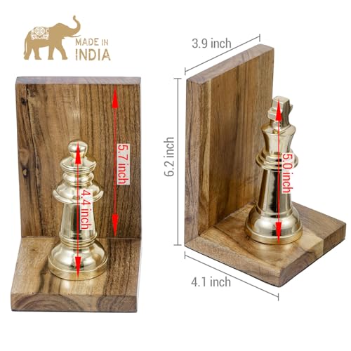 MyGift Decorative Chess Bookends Heavy Duty Mango Wood and Brass Tone Metal King and Queen Chess Pieces Design Bookend Shelf Decor - Handcrafted in India