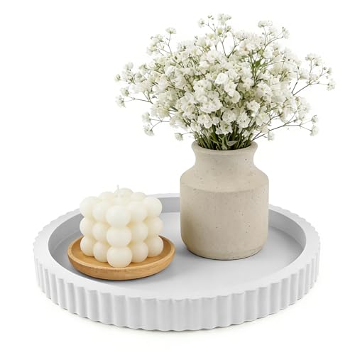 Modern Decorative Tray for Coffee Table, 11" Wooden White Round Small Decor Tray for Candle, Perfume, Vanity, Kitchen Island Counter & Table Centerpiece - color: White