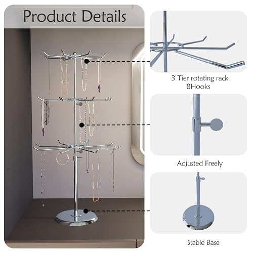 3 Tier Jewelry Towers with 8 Hooks Adjustable Height Rotating Keychain Earring Necklace Stand Display Rack for Retail - size: Length-Incremental Style - 24 hooks